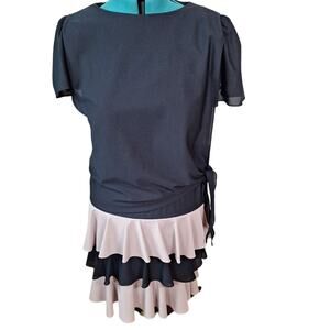 Vintage 80s Black Beige Drop Waist Tiered Ruffled Dress Women Size Medium